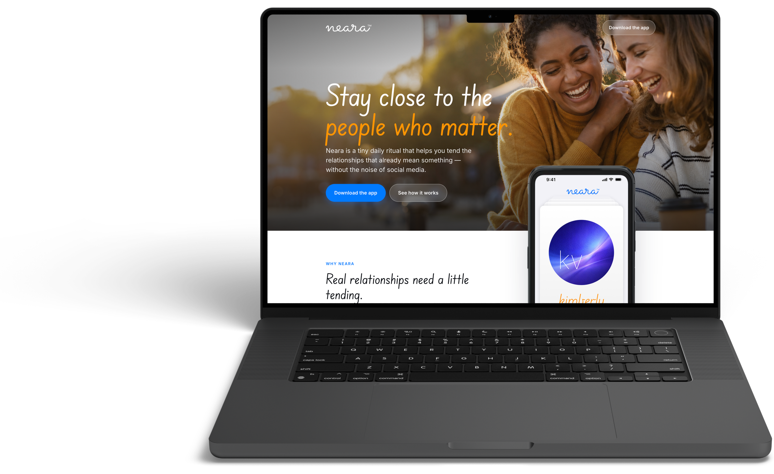 Neara landing page shown on a laptop, with the app's contact-card interface on a phone alongside it